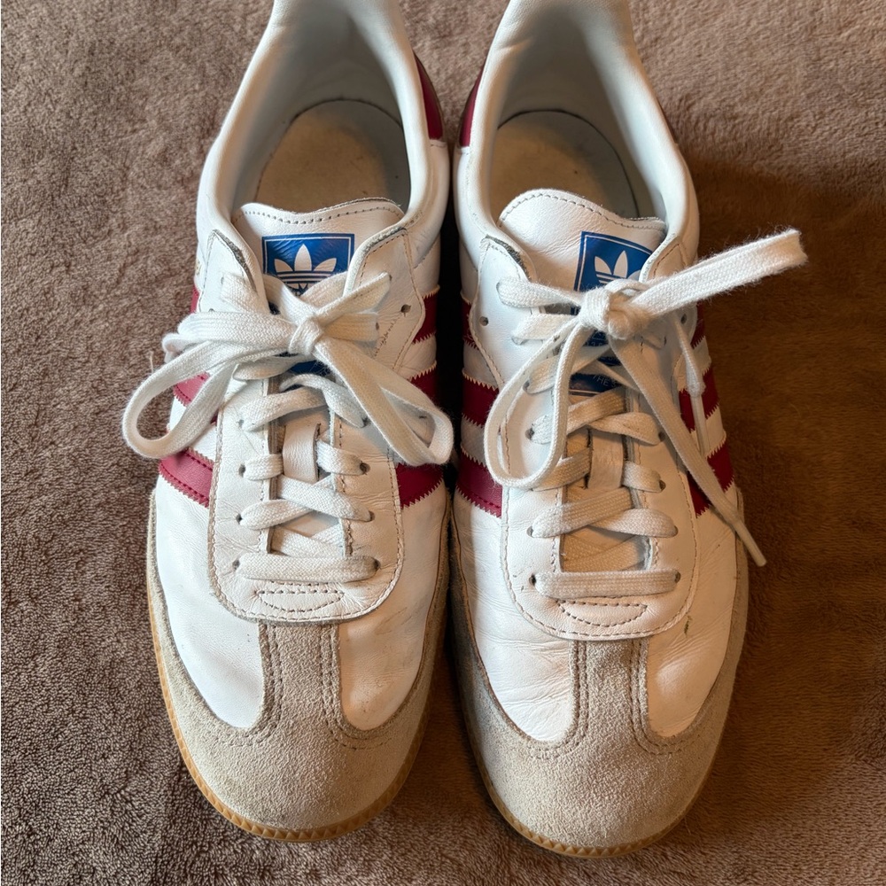 adidas White Sneakers with Red Stripes and Blue Logo